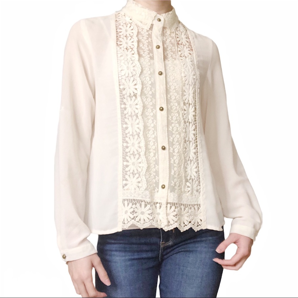 Sheer Lace Floral Button-Up Blouse